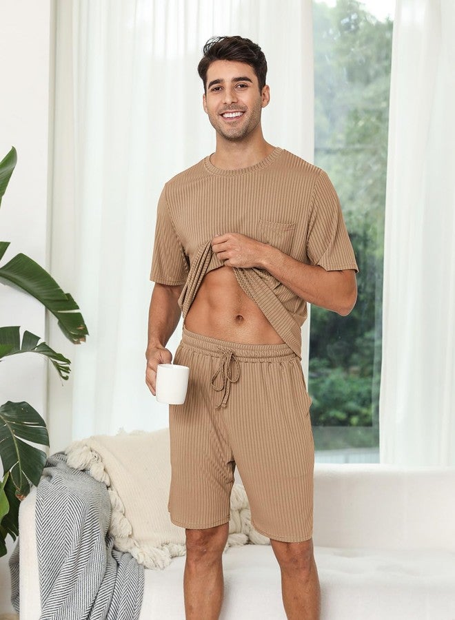 EISHOPEER Knit Matching Pajamas Sets Couple Drawstring Nightwear Short Sleeve Sleepwear 2 Pieces Loungewear with Shorts Khaki Large - Image 3